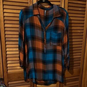 Blue and Orange Plaid Button-Up Shirt